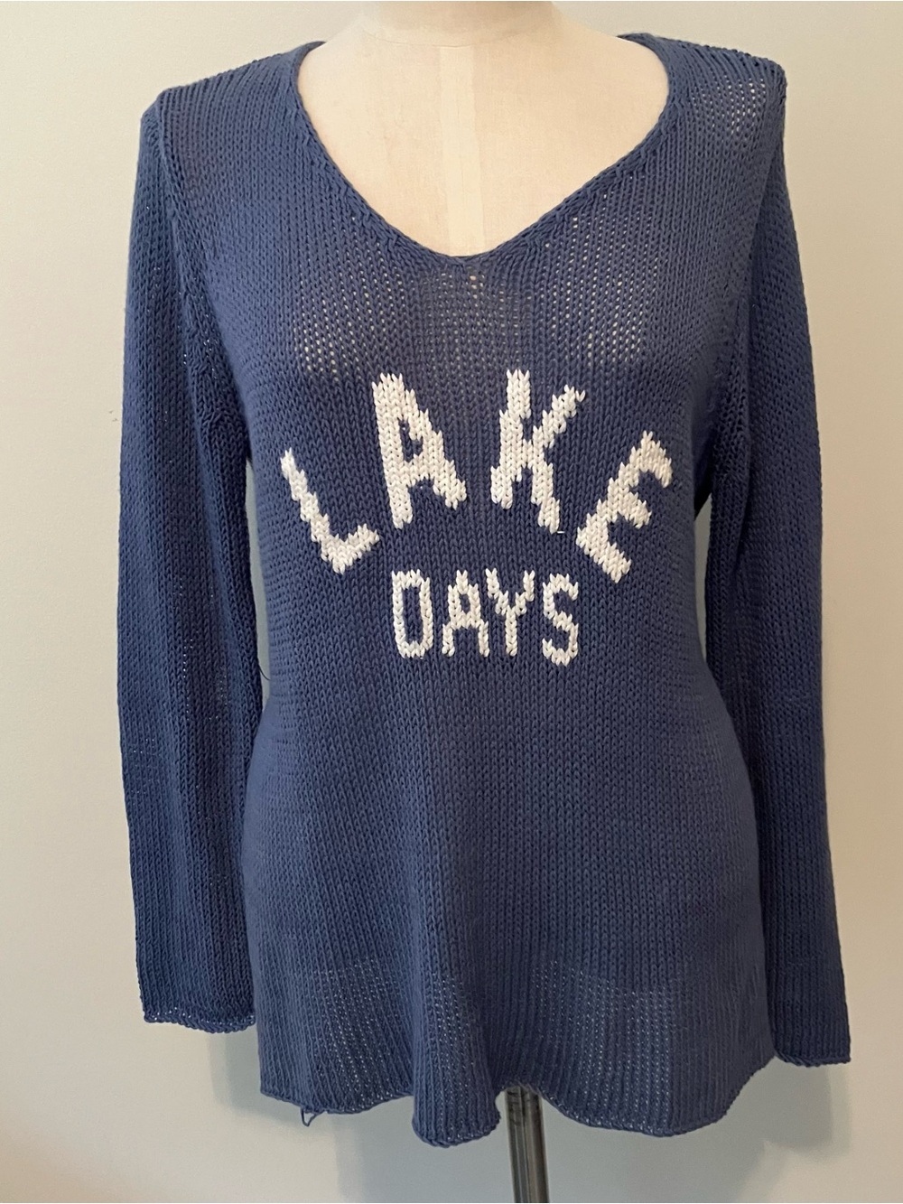 Wooden Ships Lake Days Blue Graphic Open-Knit V-Neck Pullover Sweater XS Resort